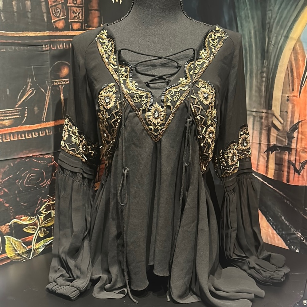 Free People Embroidered Black and Gold Women's Top